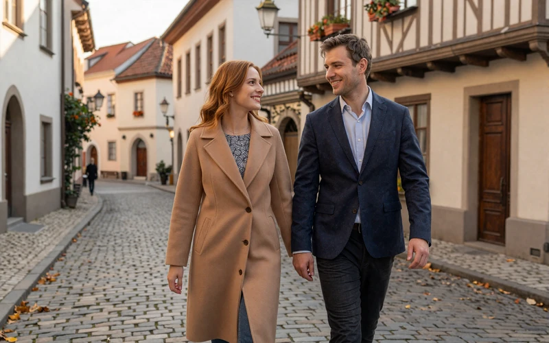 International couple walking through a charming European old town during golden hour