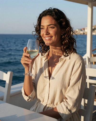 Greek woman enjoying wine at a traditional seaside taverna with Aegean Sea view