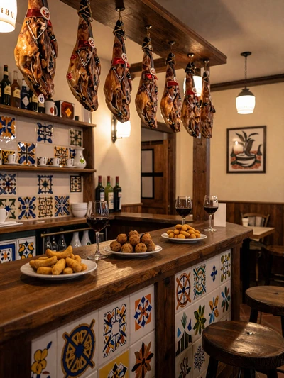 Traditional Spanish tapas bar with jamón ibérico, patatas bravas, and glasses of Rioja wine in warm evening light