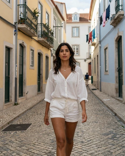Portuguese woman walking through the colorful Alfama district in Lisbon