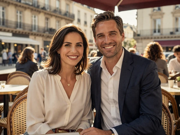 Michael and Elise, a happy American-French couple at a Lyon cafe