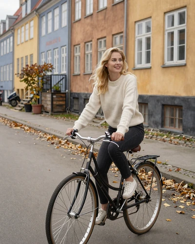 Danish woman cycling through colorful Copenhagen streets in autumn