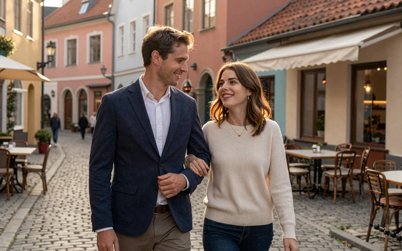 Happy American-European couple walking through a charming old town street at golden hour