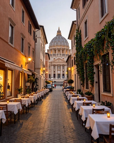 Romantic cobblestone street in Rome Borgo neighborhood near Vatican with warm evening light and outdoor dining
